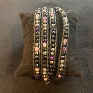 Victoria Emerson Quadruple Strand Gold, Pink & Brown Beads Wrap Bracelet